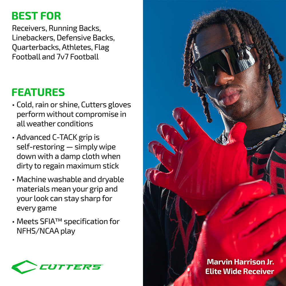 Cutters Rev Pro 7.0 gloves worn by receiver Marvin Harrison Jr.; all-weather, self-restoring C-TACK grip, NFHS/NCAA approved