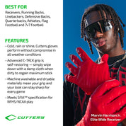 Cutters Rev Pro 7.0 gloves worn by receiver Marvin Harrison Jr.; all-weather, self-restoring C-TACK grip, NFHS/NCAA approved