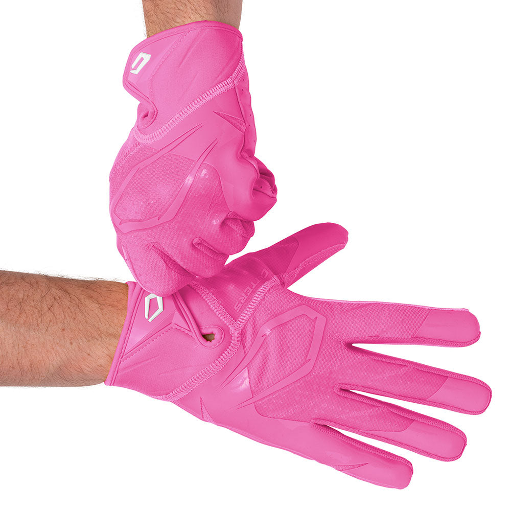 Player wearing Pink Cutters Rev Pro 7.0 football receiver gloves, hands crossed at the wrists