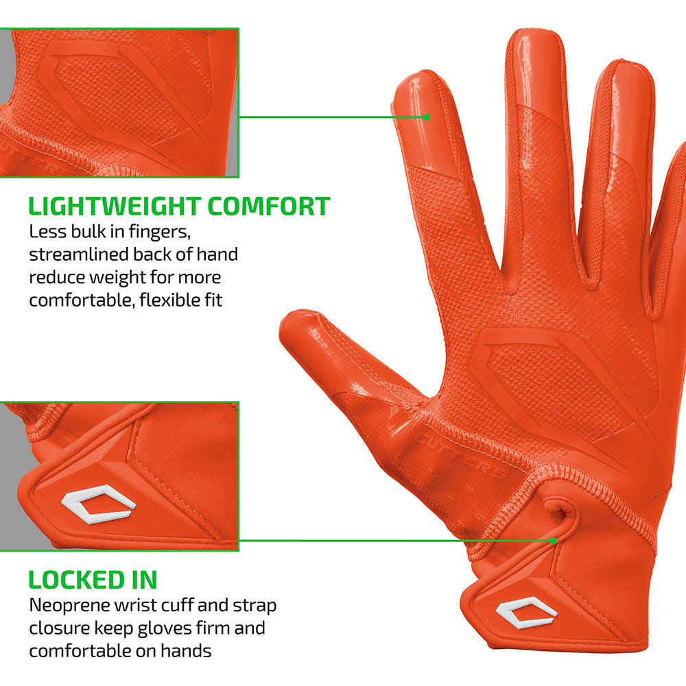 Orange Cutters Rev Pro 7.0 glove highlighting lightweight streamlined fit and neoprene wrist strap closure