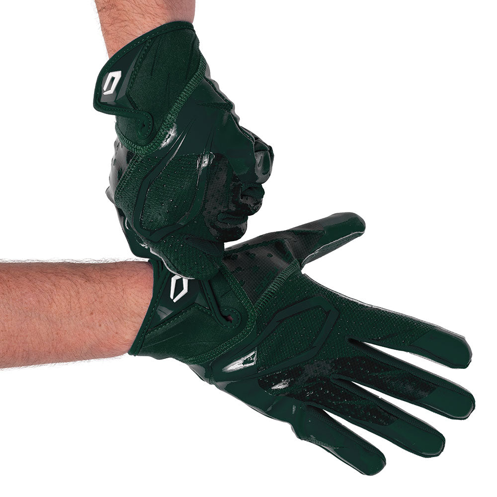 Player wearing Dark Green Cutters Rev Pro 7.0 football receiver gloves, hands crossed at the wrists