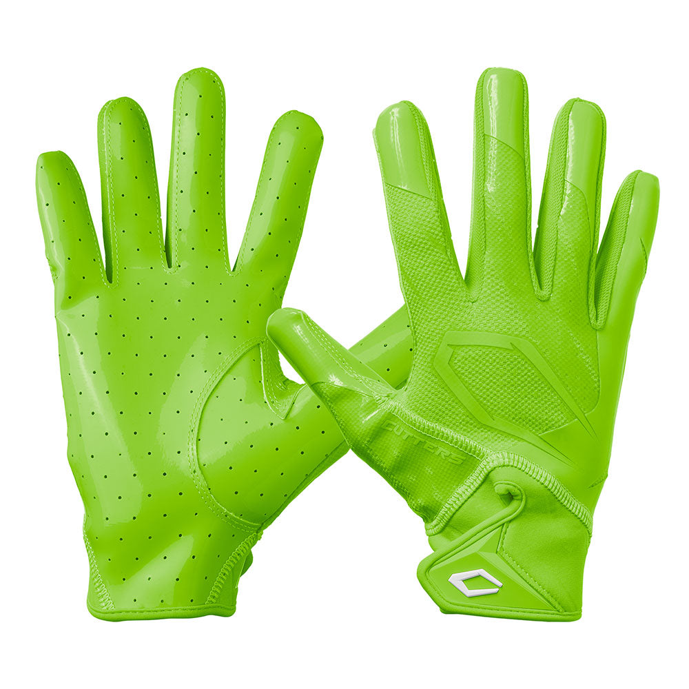 Cutters Rev Pro 7.0 Solid Receiver Gloves in Shock Green, shown from the back and palm