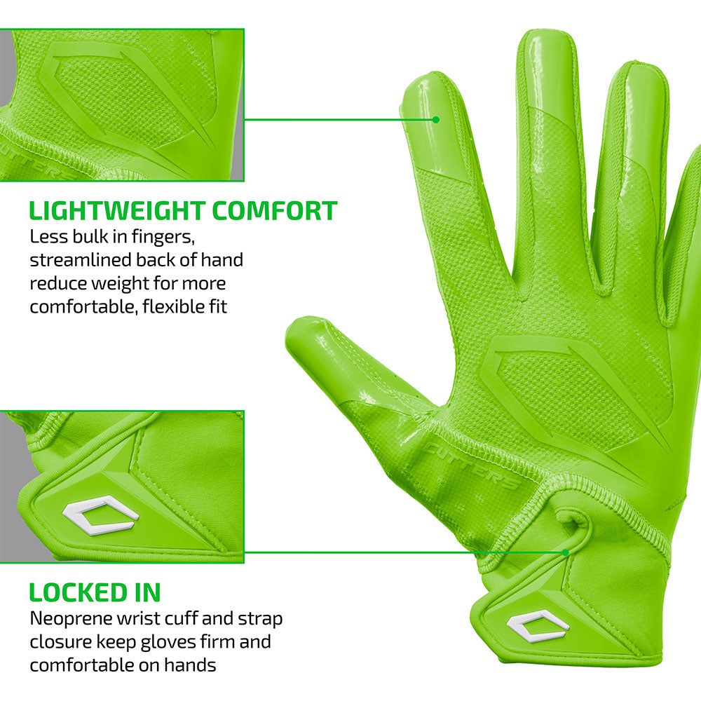 Shock Green Cutters Rev Pro 7.0 glove highlighting lightweight streamlined fit and neoprene wrist strap closure