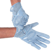 Player wearing Columbia Blue Cutters Rev Pro 7.0 football receiver gloves, hands crossed at the wrists
