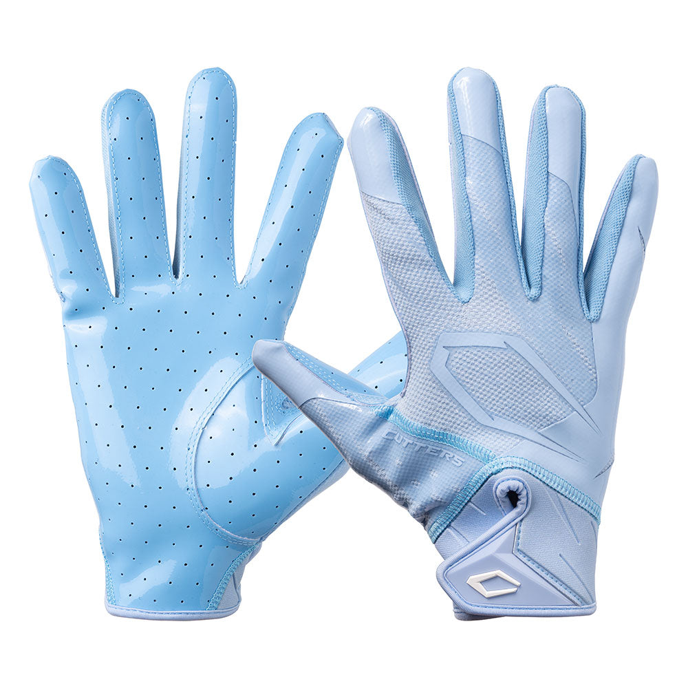 Cutters Rev Pro 7.0 Solid Receiver Gloves in Columbia Blue, shown from the back and palm