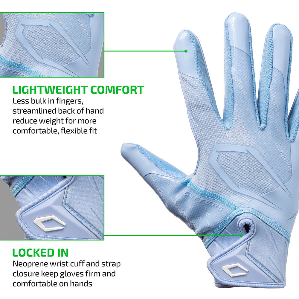 Columbia Blue Cutters Rev Pro 7.0 glove highlighting lightweight streamlined fit and neoprene wrist strap closure