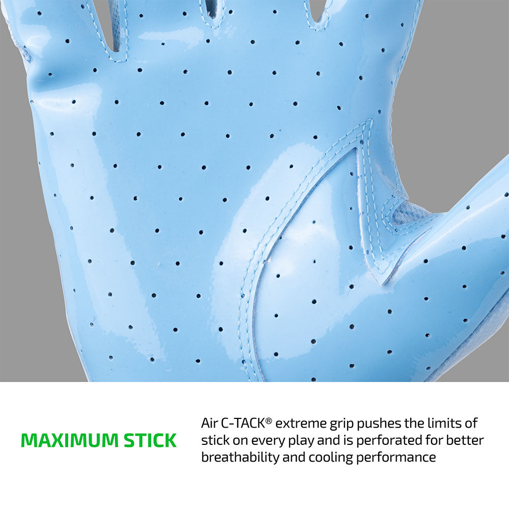 Close-up of Columbia Blue Cutters Rev Pro 7.0 perforated Air C-TACK grip palm for maximum stick and breathability