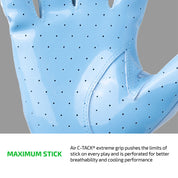 Close-up of Columbia Blue Cutters Rev Pro 7.0 perforated Air C-TACK grip palm for maximum stick and breathability