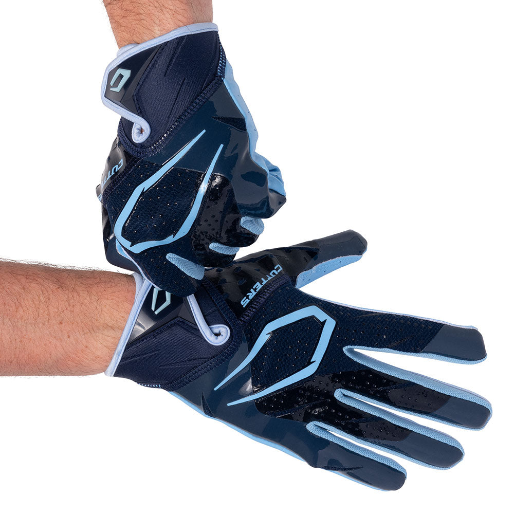 Columbia Blue Cutters Rev Pro 7.0 football receiver gloves, hands crossed at the wrists