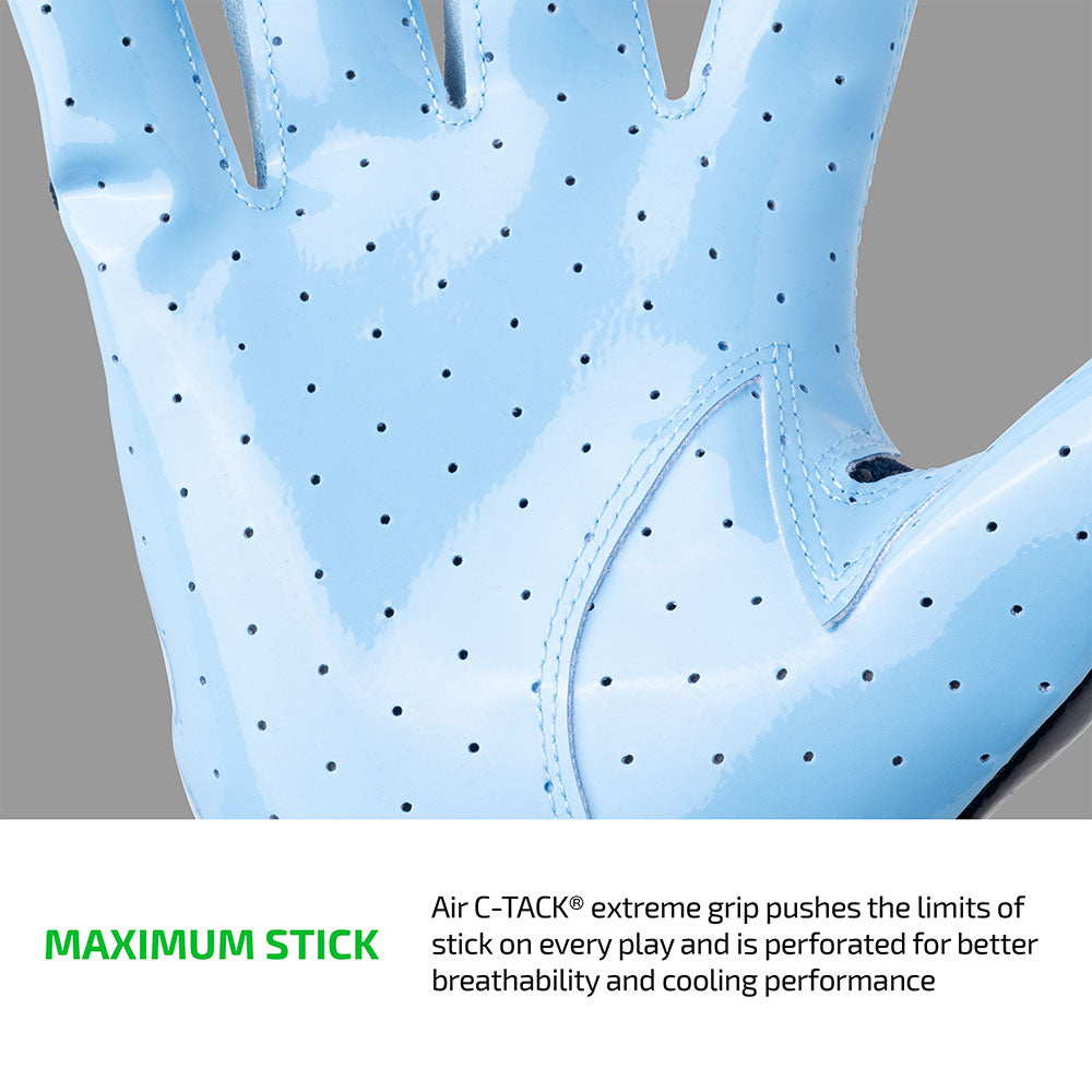 Close-up of Navy/Columbia Blue Cutters Rev Pro 7.0 perforated Air C-TACK grip palm for maximum stick and breathability
