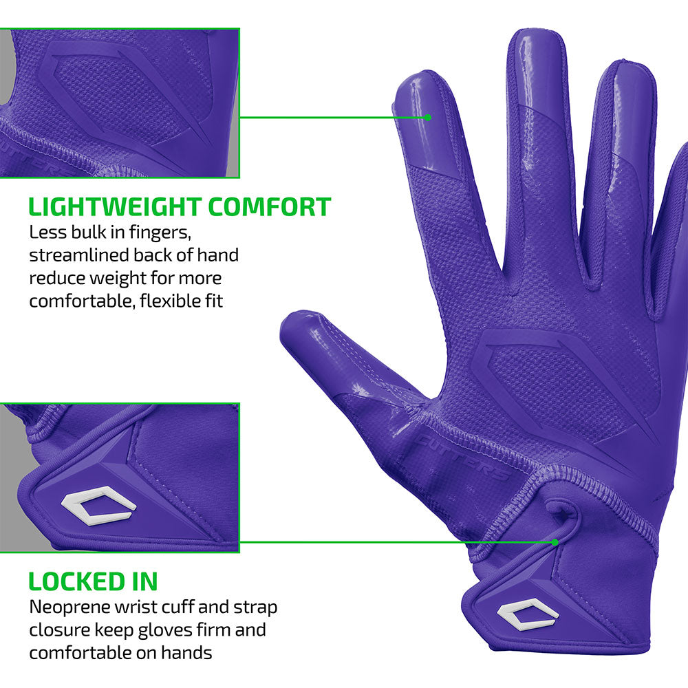 Purple Cutters Rev Pro 7.0 glove highlighting lightweight streamlined fit and neoprene wrist strap closure