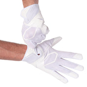 Player wearing White Cutters Rev Pro 7.0 football receiver gloves, hands crossed at the wrists