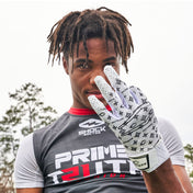 Youth 7v7 Football Player Wearing Cutters White/Black Lux Rev Pro 5.0 Limited-Edition Receiver Gloves