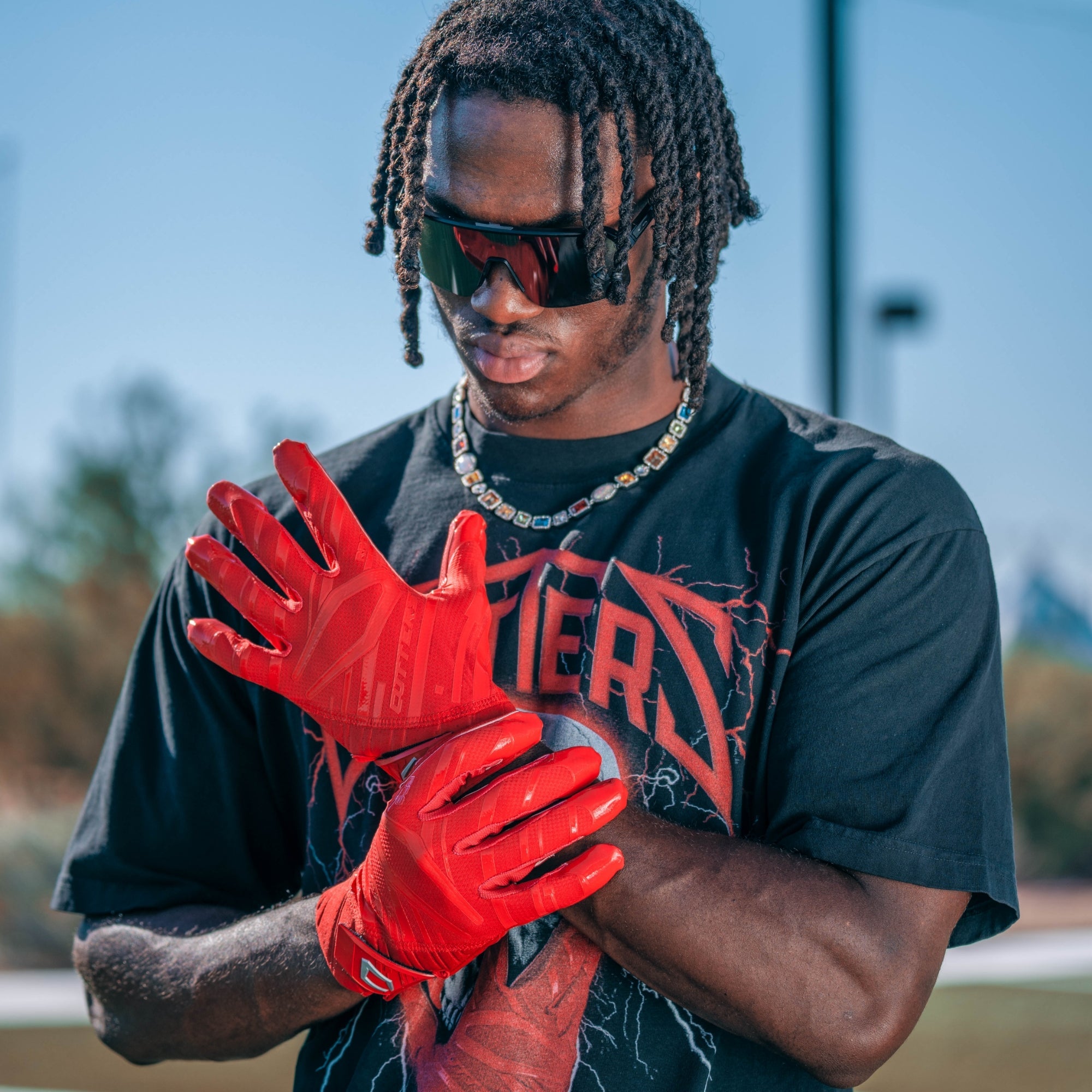 Marvin Harrison Junior - NFL Football Athlete - Wearing Rev Pro 6.0 Football Receiver Gloves in Red