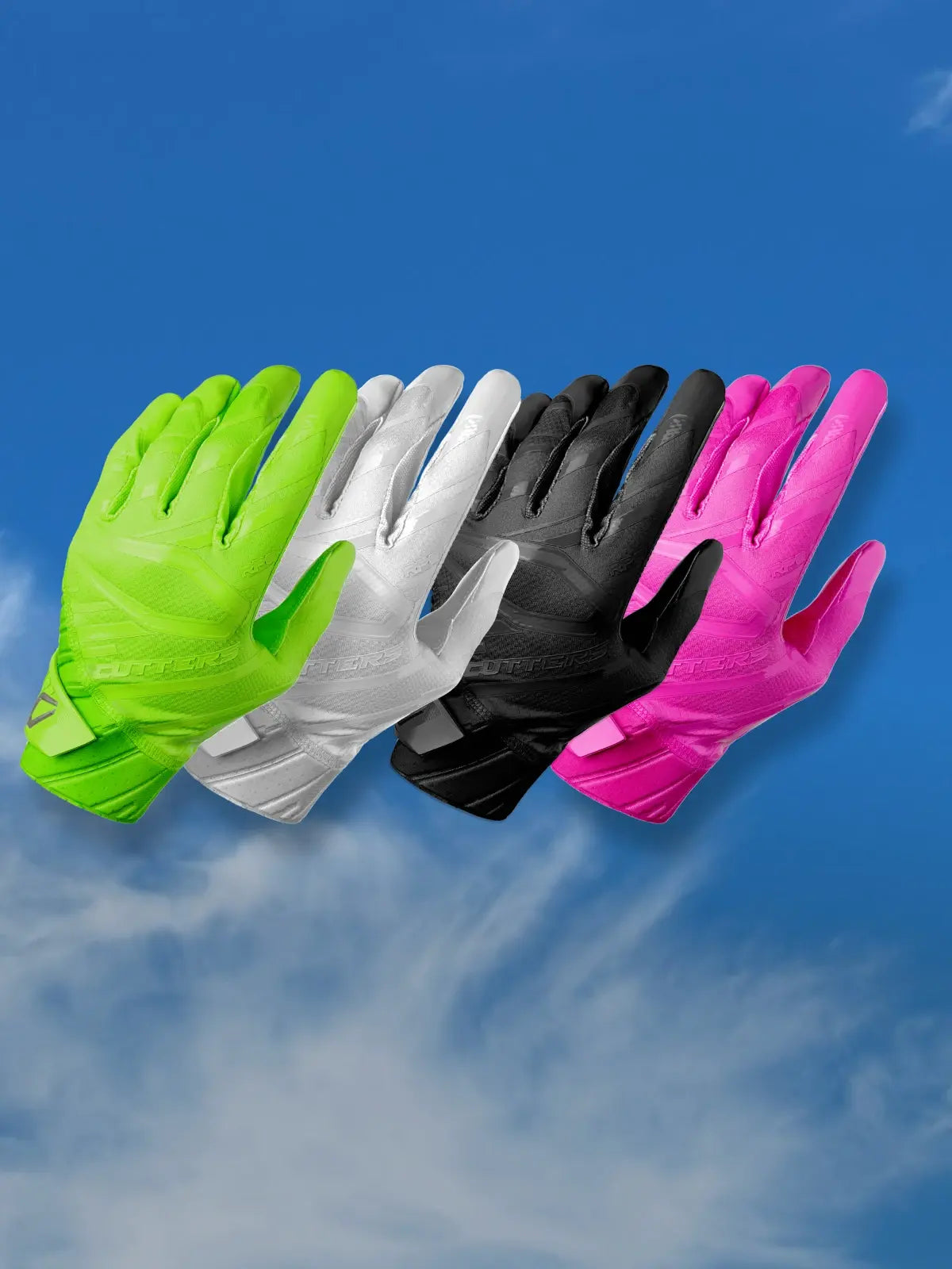 Photo of Cutters Football Gloves in green, white, black and pink