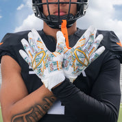 Athlete Wearing Cutters Rev Pro 6.0 LE Gloves in Money Bands Print