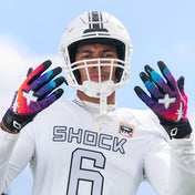Athlete Wearing Cutters Rev Pro 6.0 Limited Edition Football Receiver Gloves in Multi Color Face Print