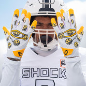 Athlete Wearing Cutters Rev Pro 6.0 Limited Edition Football Receiver Gloves in Smile Print