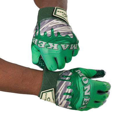 Cutters Sports Money Maker Rev Pro 5.0 Limited-Edition Receiver Football Gloves - Green - Football Player Pulling Glove Over Wrist for Better Fit