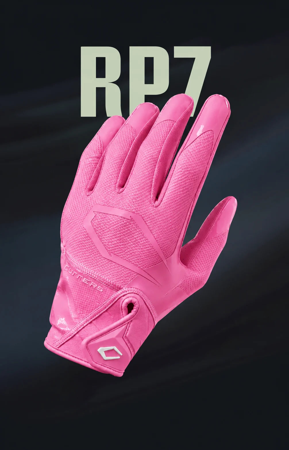  Rev Pro 7.0 Pink Football Gloves with 'RP7' branding on a dark background