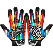 Limited-edition Cutters Rev Pro 4.0 The King receiver gloves with vibrant striped pattern, 'The King' text, and crown logo for top-tier football performance.