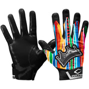 Rev Pro 4.0 The King LE Football Receiver Gloves by Cutters Sports featuring multicolor design with crown graphic and Air C-TACK grip palm. Ideal for elite football receivers.